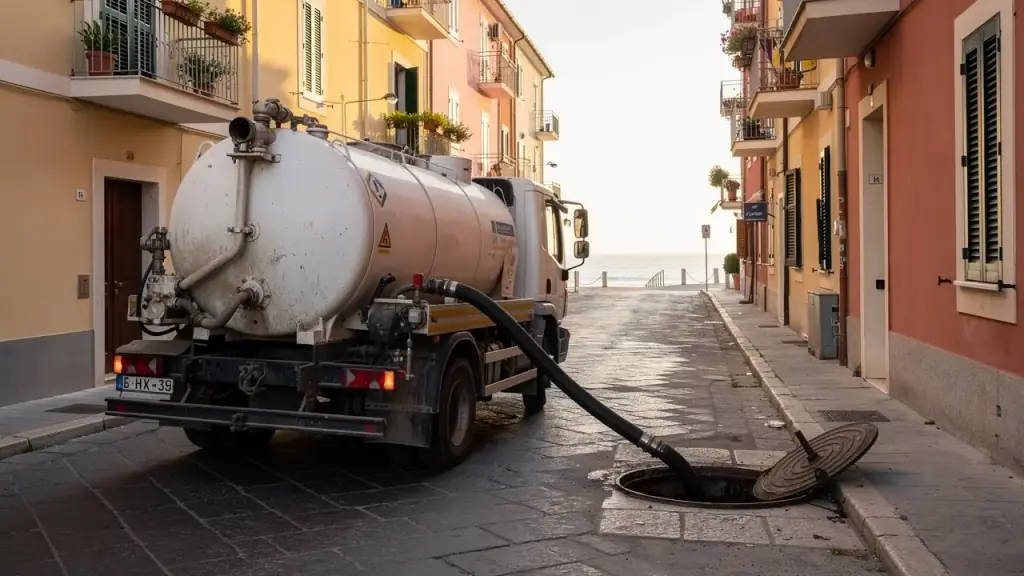 Autobotte per autospurgo con il tubo di aspirazione dentro un tombino aperto in una via lastricata