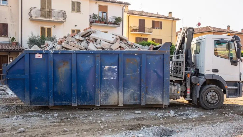 Cassone scarrabile blu pieno di macerie da demolizione accanto a un camion scarrabile