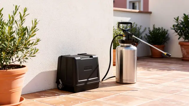 Erogatore di esca per roditori lungo il muro di un cortile condominiale, con nebulizzatore accanto