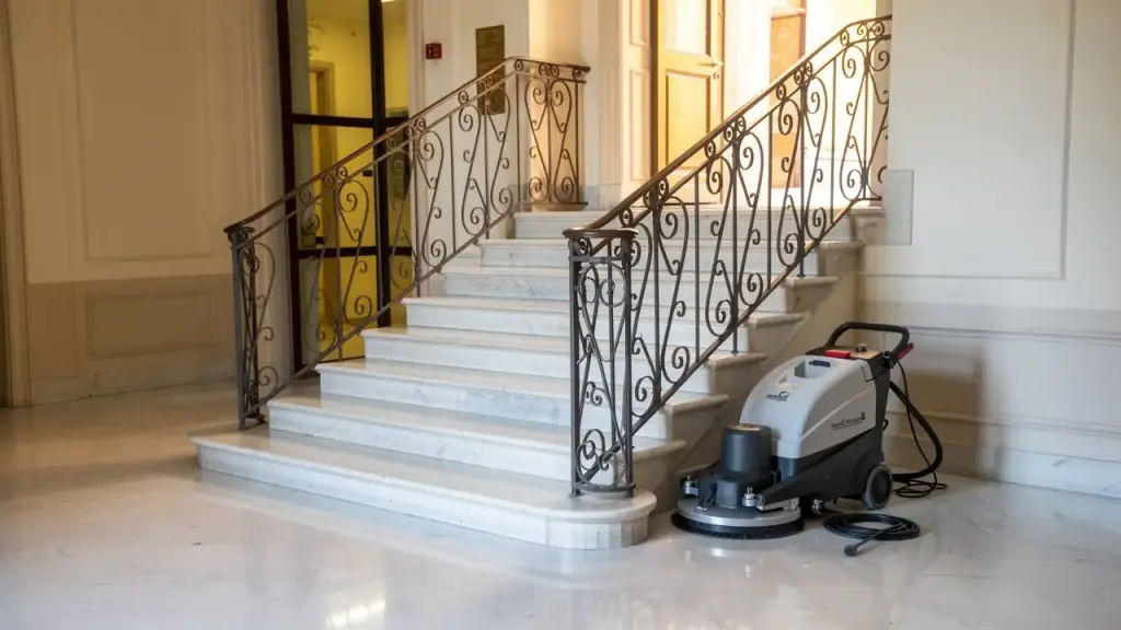 Scala in marmo bianco di un androne condominiale appena lavata, con lavapavimenti ai piedi della scala