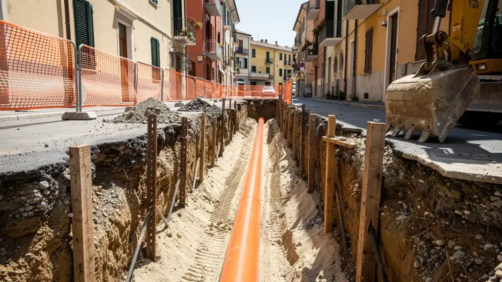 Scavo armato in strada con una nuova tubazione fognaria arancione posata su letto di sabbia