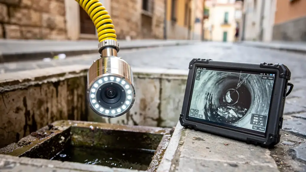 Telecamera da videoispezione con anello di LED su sonda gialla sopra un pozzetto, monitor accanto